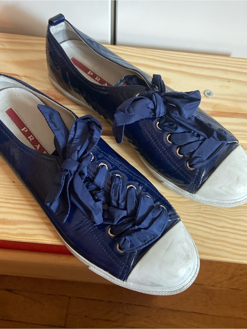 Prada Navy Patent Ribbon-Trim Low-Top Sneakers